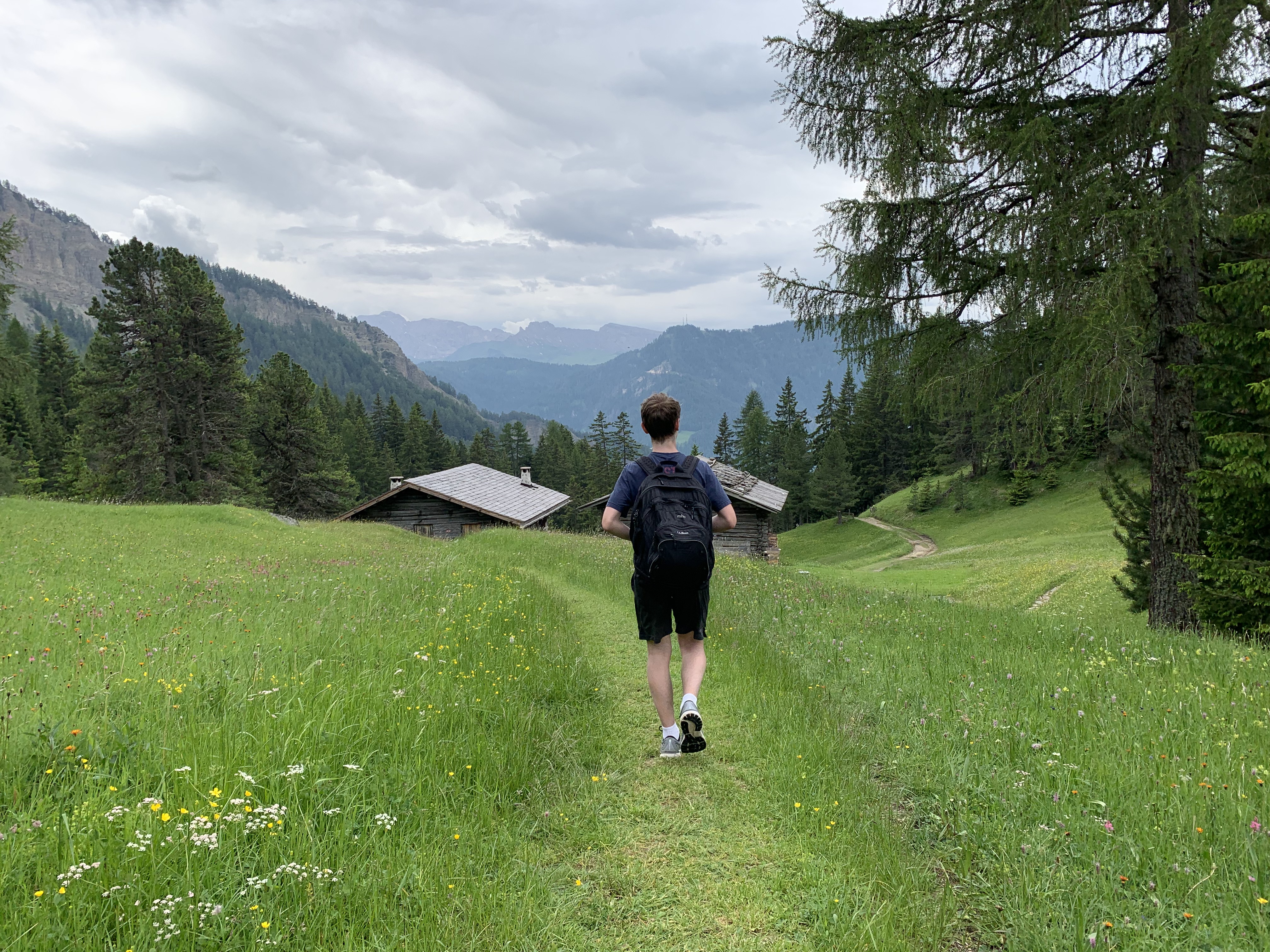 a man walks in long grass towards a two huts and mountains